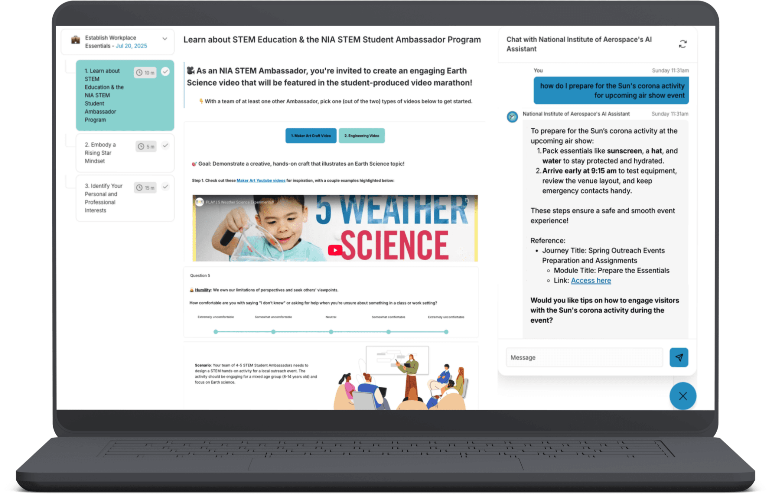 Gateway learning platform interface showing NIA STEM Student Ambassadors training modules and interactive content.