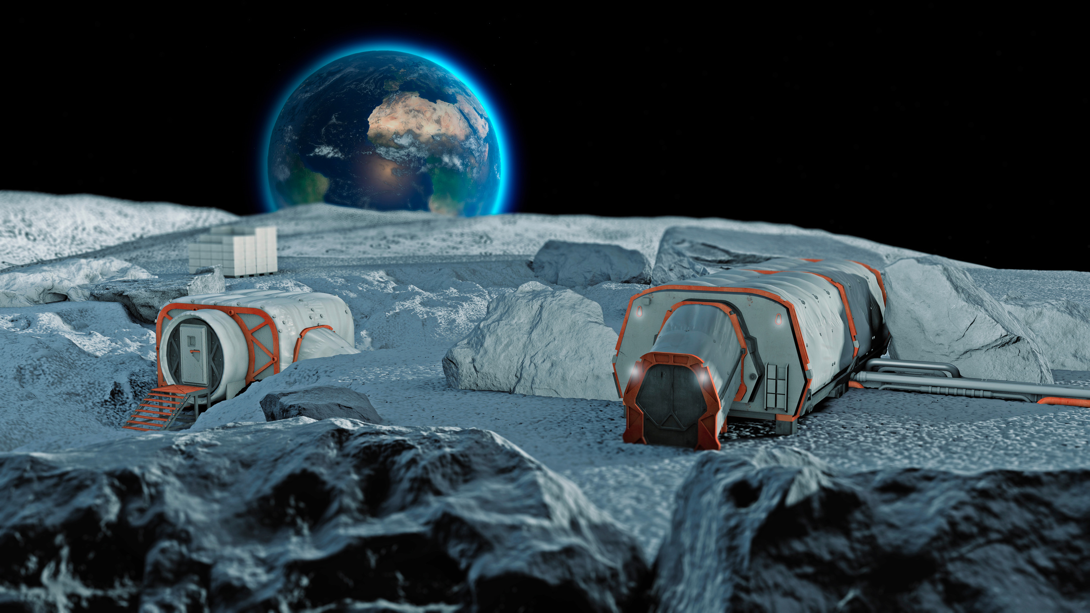 Lunar base, spatial outpost. First settlement on the moon. Space missions. Living modules for the conquest of space