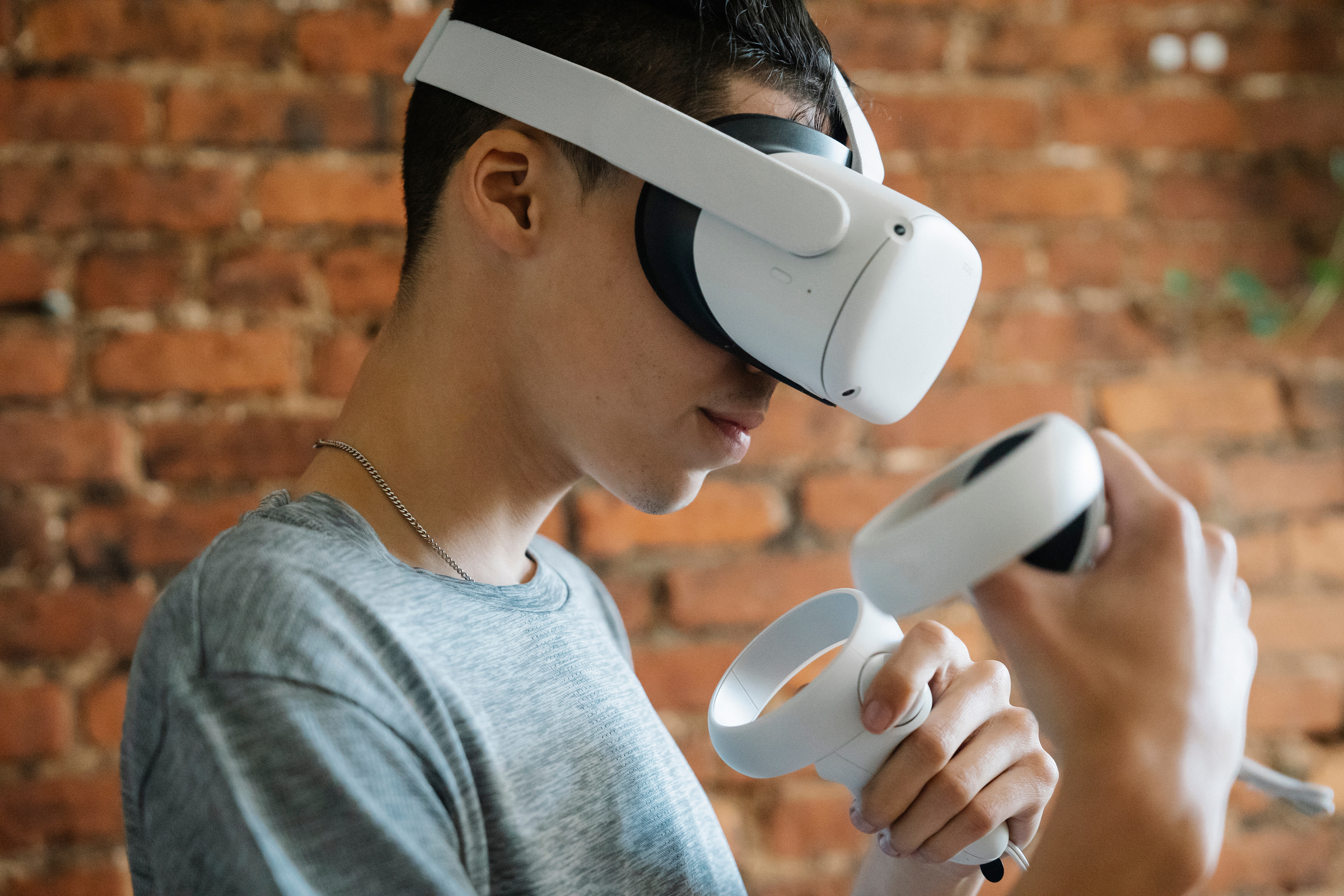 Man in VR headset testing technology